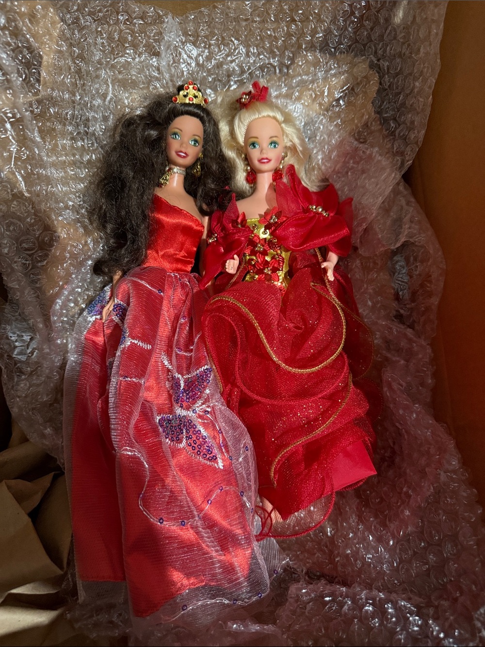 Pair of Red Gala Fashion Barbie Dolls with green eyes